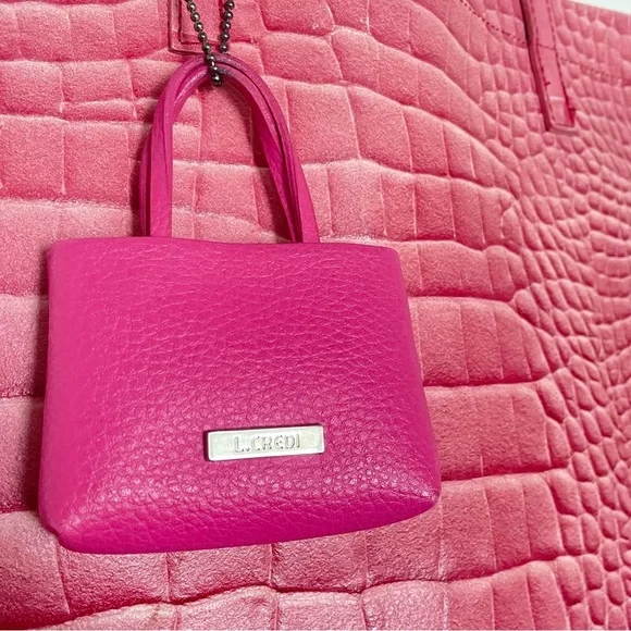 PINK CROCO EMBOSSED VINYL SHOULDER TOTE BAG HANDBAG - Picture 2 of 16